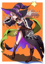  aduti_momoyama black_dress boots breasts cleavage corrin_(female)_(fire_emblem) corrin_(female)_(halloween)_(fire_emblem) corrin_(fire_emblem) dress female fire_emblem fire_emblem_fates fire_emblem_heroes halloween halloween_costume hat highres lantern looking_at_viewer official_alternate_costume red_eyes silk solo spider_web star_(symbol) star_print white_hair witch witch_hat 