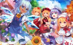  5girls :d :o aki_minoriko aki_shizuha apron arm_at_side arm_up autumn_leaves black_ribbon blonde_hair blouse blue_dress blue_eyes blue_hair blue_skirt blue_sky blue_vest blurry bow bowtie brown_sash brown_skirt capelet cherry_blossom_print cherry_blossoms cirno cloud cloudy_sky cowboy_shot d: dappled_sunlight dark-skinned_female dark_skin day depth_of_field dot_nose dress eyes_visible_through_hair facing_viewer fairy fairy_wings feet_out_of_frame floral_print flower food-themed_hair_ornament frilled_apron frilled_shirt_collar frilled_sleeves frills from_side frozen frozen_frog gradient_clothes gradient_eyes gradient_skirt grape_hair_ornament hair_between_eyes hair_ornament hand_up hands_up happy hat hat_bow hat_ornament hidden_star_in_four_seasons holding holding_flower holding_hands ice ice_wings leaf leaf_hair_ornament lens_flare letty_whiterock light_purple_hair long_hair long_skirt long_sleeves looking_at_another looking_away looking_to_the_side looking_up lossy-lossless lower_teeth_only maple_leaf medium_dress mob_cap morning_glory motion_blur multicolored_eyes multiple_girls neck_ribbon oerba_yun_fang open_mouth outdoors outstretched_arm palms_together parted_lips petals petticoat pinafore_dress pink_eyes pink_wings plant pleated_skirt pointing pointy_ears print_dress puffy_short_sleeves puffy_sleeves purple_flower raised_eyebrows red_apron red_bow red_bowtie red_eyes red_headwear red_ribbon red_shirt red_skirt ribbon round_teeth shinia shirt short_hair short_sleeves skirt skirt_hold skirt_set sky sleeve_cuffs sleeveless sleeveless_dress smile snowflake_hair_ornament sparkle standing sunflower sunlight sweat tanned_cirno tareme teeth touhou touhou_cannonball tree turtleneck upper_teeth_only vest vines waist_apron wavy_hair wavy_mouth white_apron white_capelet white_dress white_headwear wide_sleeves wind wings yellow_eyes yellow_flower yellow_shirt 