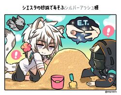  2boys all_fours animal animal_ear_fluff animal_ears arknights bad_id bad_pixiv_id bird black_jacket black_pants blush bucket closed_eyes closed_mouth collared_shirt commentary_request day doctor_(arknights) dress_shirt e.t. fingers_together flower grey_eyes grey_hair hair_between_eyes hair_flower hair_ornament hood hood_up hooded_jacket jacket leopard_boy leopard_ears leopard_tail long_sleeves male_focus mashiro_miru multicolored_hair multiple_boys outdoors pants pants_rolled_up red_flower sand shirt silverash_(arknights) sleeves_rolled_up smile sparkle tail tenzin_(arknights) translated trowel twitter_username two-tone_hair white_hair white_shirt 