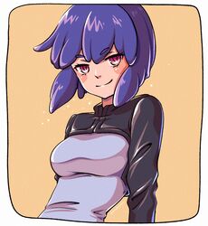  bad_id bad_pixiv_id blush breasts female ghost_in_the_shell ghost_in_the_shell:_sac_2045 grimdle kusanagi_motoko medium_breasts purple_hair red_eyes short_hair simple_background smile solo upper_body yellow_background 