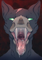  anthro big_fangs bodily_fluids bone bust_portrait fangs front_view fur gaping_mouth green_eyes green_sclera grey_body grey_ears grey_fur grey_inner_ear head_scar hi_res lionfloof mouth_shot no_pupils open_mouth portrait saliva saliva_string scar skull skull_head solo teeth 