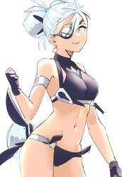  armor blue_eyes blush breasts commentary_request dark-skinned_female dark_skin eyepatch female long_hair looking_at_viewer navel praxis_(xenoblade) simple_background skeptycally smile solo swimsuit white_background xenoblade_chronicles_(series) xenoblade_chronicles_2 