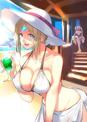  3girls agate_(xenoblade) alternate_costume beach beach_house blue_eyes breasts hat highres large_breasts multiple_girls negresco ocean praxis_(xenoblade) sheba_(xenoblade) swimsuit xenoblade_chronicles_(series) xenoblade_chronicles_2 