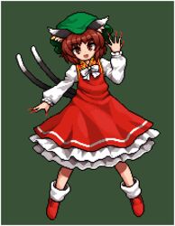  animal_ears bobby_socks bow bowtie brown_hair cat_ears cat_tail chen commentary_request dress female fingernails frilled_dress frills full_body green_hat hat long_sleeves looking_at_viewer lowres mob_cap multiple_tails namako_daibakuhatsu nekomata pinafore_dress pixel_art red_dress shirt shoes short_hair simple_background sleeveless sleeveless_dress smile socks solo standing tail touhou two_tails white_shirt white_socks yellow_bow yellow_bowtie 