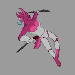  1:1 anthro arliella armor blade breasts dahurgthedragon digitigrade dual_wielding female fur holding_object holding_weapon quavess solo tongue tongue_out weapon 