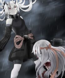  2girls abyssal_crane_princess abyssal_ship blood blood_in_hair commentary detached_sleeves flight_deck hair_between_eyes headband highres horns injury japanese_clothes kantai_collection long_hair multiple_girls rain red_eyes rukialice shoukaku_(kancolle) twintails white_hair 