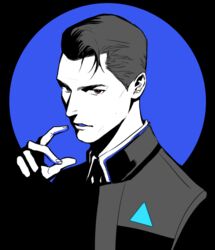  1boy android blue_background blue_theme commentary connor_(detroit) detroit:_become_human english_commentary fingernails hand_up jacket limited_palette looking_at_viewer male_focus monochrome onegingek parted_lips red_eyes solo upper_body 