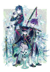  3boys aizen_kunitoshi akashi_kuniyuki armor bandaid bandaid_on_face bandaid_on_nose black_hair cape commentary_request crossed_legs fingerless_gloves glasses gloves green_eyes grey_legwear hair_ornament hairclip hat hotarumaru japanese_armor katana kneehighs legwear_garter male_focus multiple_boys ootachi photoshop_(medium) pota_(bluegutty) red_hair short_sword shorts shoulder_armor sitting smile socks sode sword tantou touken_ranbu weapon white_hair yellow_eyes 