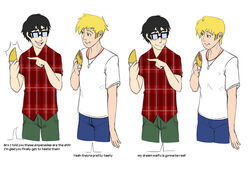  2boys anastimafilia blonde_hair blush comic eating empanada food gender_transformation glasses green_eyes light-skinned_male male_only mtf_transformation speech_bubble text transformation transformation_sequence 