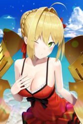  absurdres ahoge armor bare_arms bare_shoulders black_bow blonde_hair blue_sky blurry blurry_background bow braid breasts casual_one-piece_swimsuit cleavage cloud collarbone commentary_request cowboy_shot day eyes_visible_through_hair fate/grand_order fate_(series) female green_eyes hair_intakes hair_ribbon hand_on_own_chest head_tilt highres large_breasts layered_swimsuit leaning_forward lens_flare nero_claudius_(fate) nero_claudius_(modern_costume_of_crimson)_(fate) nero_claudius_(swimsuit_caster)_(fate) ocean one-piece_swimsuit one_eye_closed outdoors pouty_lips red_one-piece_swimsuit red_ribbon ribbon sanpeita short_hair sidelocks sky solo swimsuit water 