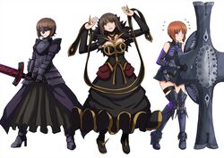  3girls alternate_eye_color armor armored_dress artoria_pendragon_(fate) black_dress black_footwear black_sleeves blush boots bridal_gauntlets brown_eyes brown_hair closed_mouth commentary cosplay detached_sleeves dress elbow_gloves excalibur_morgan_(fate) fate/grand_order fate_(series) flying_sweatdrops frown gauntlets girls_und_panzer gloves greaves grey_dress grey_footwear head_tilt high_heel_boots high_heels highres holding holding_sword holding_weapon huge_weapon long_dress long_hair looking_at_viewer looking_to_the_side lord_camelot_(fate) mash_kyrielight mash_kyrielight_(cosplay) mask mature_female medium_hair mother_and_daughter multiple_girls nishizumi_maho nishizumi_miho nishizumi_shiho omachi_(slabco) open_mouth purple_eyes saber_alter saber_alter_(cosplay) semiramis_(fate) semiramis_(fate)_(cosplay) serious short_dress short_hair siblings simple_background sisters sleeveless sleeveless_dress standing straight_hair sword thigh_boots thigh_strap thighhighs weapon white_background 