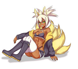  abs animal_ears bare_shoulders boots borrowed_character breasts collarbone commentary commission cutoffs dark_skin english_commentary eyebrows_visible_through_hair fox_ears fox_girl fox_tail full_body green_eyes grin harumi_(elh) high_ponytail jacket knee_boots long_hair looking_at_viewer multiple_tails nav oerba_yun_fang off_shoulder original ponytail short_shorts shorts simple_background sitting small_breasts smile solo tail teeth thighhighs toned white_background white_hair white_legwear 