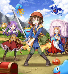  3girls :d ;d bag bandana bare_shoulders belt blue_sky boots breasts brown_hair carriage cloud commentary_request cosplay crown day dracky dragon_quest dragon_quest_viii fireball grass green_eyes healslime hero_(dq8) hero_(dq8)_(cosplay) highres hiiragi_kagami jessica_albert jessica_albert_(cosplay) king_slime_(dragon_quest) knee_boots knees_together_feet_apart kusakabe_misao light_brown_hair long_hair lucky_star medea_(dq8) medea_(dq8)_(cosplay) minegishi_ayano mountain multiple_girls oerba_yun_fang off-shoulder_shirt off_shoulder one_eye_closed open_mouth outdoors pantyhose pouch purple_eyes purple_hair ruu_(tksymkw) shirt short_hair sky slime_(dragon_quest) smile sword treasure_chest tree wagon weapon whip 