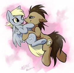  2016 blonde_hair blue_eyes blush brown_hair derpy_hooves doctor_whooves_(mlp) duo equid equine feathered_wings feathers female feral friendship_is_magic fur grey_body grey_feathers grey_fur hair hasbro hioshiru hooves kejifox male mammal my_little_pony mythological_creature mythological_equine mythology nude pegasus simple_background tan_body tan_fur tongue wings yellow_eyes 