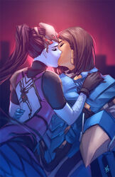  arm_around_waist arm_tattoo back_tattoo black_gloves black_hair bodysuit brown_hair dark_skin denimcatfish french_kiss gloves hair_pulled_back hair_tubes head_mounted_display headwear_removed helmet helmet_removed holding holding_helmet kissing long_hair medium_hair multiple_girls overwatch pharah_(overwatch) pink_bodysuit ponytail power_armor purple_skin tattoo widowmaker_(overwatch) yuri 