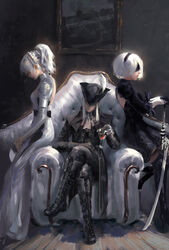  bloodborne crossover dress final_fantasy final_fantasy_xv heels lady_maria_of_the_astral_clocktower lunafreya_nox_fleuret nier_automata sword wlop yorha_no.2_type_b 