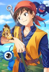  abiko_yuuji animal_on_arm bag bandana belt blue_sky blue_tunic brown_hair character_request cheese commentary_request day dracky dragon_quest dragon_quest_viii food handbag hero_(dq8) highres male_focus mountain mouse_(animal) munchie_(dq8) outdoors road sky smile standing sword weapon 