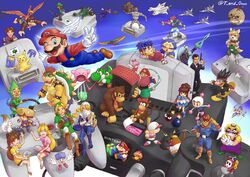  6+boys :d :o ^_^ absurdres adeleine animal_crossing arm_up armlet arwing banjo-kazooie banjo_(banjo-kazooie) baseball_bat baseball_cap bird black_hair blonde_hair blue_hair blue_overalls bomb bomberman boots bowser bracelet brown_footwear brown_hair captain_falcon character_request closed_eyes closed_mouth commentary_request controller creature crossover crown custom_robo diddy_kong donkey_kong donkey_kong_(series) dress ebisumaru explosive f-zero facial_hair fairy fangs fierce_deity fly_guy flying food fox_mccloud fruit fuurai_no_shiren game_console game_controller ganbare_goemon gloves go-kart goemon goldeneye_007 golf golf_club goombario graphite_(medium) great_fox green_headwear gun happy harp hat highres holding holding_baseball_bat holding_golf_club holding_gun holding_instrument holding_pickaxe holding_racket holding_weapon horns inhaling instrument james_bond james_bond_(series) jewelry jikkyou_powerful_pro_yakyuu kazooie_(banjo-kazooie) kirby kirby_(series) kirby_64 link long_hair long_sleeves looking_at_viewer luigi lying mario mario_(series) mario_golf mario_kart mario_party mario_tennis melon moon_(zelda) moustache mr._resetti multiple_boys multiple_crossover necktie nintendo nintendo_64 ocarina on_back open_mouth outstretched_arms overalls paper_mario paper_mario_64 pickaxe pikachu pilotwings pink_dress pointy_ears pointy_footwear pokemon pokemon_(creature) pokemon_snap power_pro_kun princess_daisy princess_peach purple_overalls racket ray_(custom_robo) rayman_limbs red_hair red_hat red_necktie red_shirt ribbon_(kirby) sheik shell shiren_(fuurai_no_shiren) shirt shoes short_sleeves signature skull_kid smile snowboard spacecraft spiked_armlet spiked_bracelet spiked_hair spiked_shell spikes spread_arms standing star_fox star_fox_64 super_mario_64 t_(numerodieci10) tael tennis_racket the_legend_of_zelda the_legend_of_zelda:_majora&#039;s_mask the_legend_of_zelda:_ocarina_of_time tingle todd_snap tongue tongue_out traditional_media tumble_(mario) turtle_shell v waluigi wario waving weapon white_bomberman white_gloves yellow_dress yellow_headwear yoshi yoshi&#039;s_story 