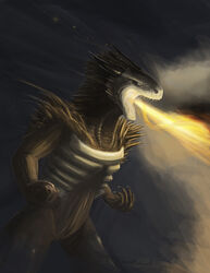  5_fingers anthro biped breath_powers dark_souls dragon dragonoid_(dark_souls) elemental_manipulation fingers fire fire_breathing fire_manipulation fromsoftware hi_res horn male mythological_creature mythological_scalie mythology night nude open_mouth outside scalie solo standing teeth themefinland 