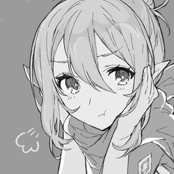  aiueo1234853 bad_id bad_twitter_id closed_mouth commentary female fire_emblem fire_emblem_fates fire_emblem_heroes grey_background greyscale hair_between_eyes hands_on_own_face kana_(female)_(fire_emblem) kana_(fire_emblem) monochrome pointy_ears pout scarf simple_background solo 