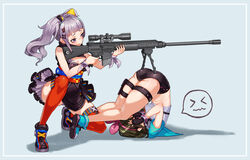  2girls aiming alternate_costume amxysheep ass bare_legs black_dress black_shorts blue_eyes blue_jacket blush breasts brown_hair cleavage cleavage_cutout clothing_cutout commentary_request covering_face covering_own_eyes crop_top cropped_jacket dress folded full_body grey_hair gun hair_ornament hair_ribbon hairband hairclip hands_on_own_face highres holster jacket kaguya_luna kizuna_ai kizuna_ai_(a.i._games) kizuna_ai_inc. legs_over_head long_hair lying m110_sass medium_breasts medium_hair midriff multicolored_hair multiple_girls oerba_yun_fang official_alternate_costume on_back on_one_knee panties pantyshot photoshop_(medium) pink_hair pink_hairband red_legwear ribbon rifle shirt short_shorts shorts simple_background sleeveless sleeveless_dress sniper_rifle spoken_expression squatting streaked_hair the_moon_studio thigh_strap thighhighs thighs top-down_bottom-up twintails underwear upside-down virtual_youtuber weapon white_panties white_shirt 