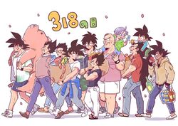  6+boys alternate_costume apple bad_id bad_twitter_id bag bandana bardock black_eyes black_hair broly_(dragon_ball_super) brothers carrying carrying_bag carrying_over_shoulder clothes_around_waist commentary_request crossed_arms dark-skinned_male dark_skin dated denim dragon_ball dragon_ball_super dragon_ball_super_broly dragon_ball_z eating father_and_son food fruit full_body grandfather_and_grandson jacket jacket_around_waist jeans king_vegeta long_hair male_focus minion_(1103_3) multiple_boys nappa pants petals pig profile raditz sandals scar shadow shoes short_hair shorts siblings simple_background sneakers son_gohan son_goku son_goten spiked_hair trunks_(dragon_ball) tullece uncle_and_nephew vegeta very_long_hair walking white_background 