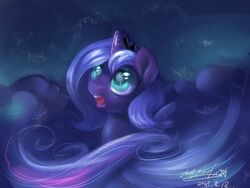  2018 4:3 alicorn big_eyes blue_body blue_feathers blue_hair chibi cloud crown equid equine feathered_wings feathers female feral friendship_is_magic hair hasbro headgear horn looking_up mammal my_little_pony mythological_creature mythological_equine mythology night oofycolorful open_mouth portrait princess_luna_(mlp) royalty simple_background sky small_wings solo teal_background teal_eyes teeth tongue wings 