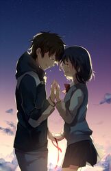  1boy black_hair closed_eyes commentary_request crying female forehead-to-forehead happy_tears heads_together holding_hands hood hood_down k-rumi kimi_no_na_wa. miyamizu_mitsuha pleated_skirt ribbon school_uniform short_hair skirt sky smile star_(sky) starry_sky tachibana_taki tears 