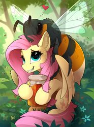  2018 ambiguous_gender arthropod container cutie_mark digital_media_(artwork) duo equid equine feathered_wings feathers female feral fluttershy_(mlp) friendship_is_magic grin hair hasbro heart_symbol hi_res holding_object hornet hymenopteran insect_wings insects jar long_hair mammal my_little_pony mythological_creature mythological_equine mythology nervous outside pegasus pink_hair smile stinger vespid wasp wings yakovlev-vad 