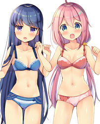  2girls :o ahoge ass_visible_through_thighs bad_id bad_pixiv_id blue_bra blue_hair blue_panties blush bow bow_panties bra breasts cameltoe cleavage collarbone commentary_request cowboy_shot green_eyes groin hair_ornament hair_scrunchie highres jitome kagamihara_nadeshiko lace lace-trimmed_bra lace-trimmed_panties lace_trim long_hair low_twintails medium_breasts mori_airi multiple_girls navel open_mouth panties photoshop_(medium) pink_hair pink_panties polka_dot polka_dot_bra polka_dot_panties purple_eyes round_teeth scrunchie shima_rin simple_background sparkling_eyes standing teeth twintails underwear underwear_only upper_teeth_only very_long_hair white_background yurucamp 