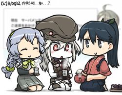  3girls :o abyssal_ship black_hair blush braid closed_eyes commentary_request cup dated destroyer_water_oni green_hairband grey_hair hair_between_eyes hairband hakama hakama_skirt hamu_koutarou houshou_(kancolle) japanese_clothes kantai_collection multiple_girls pale_skin red_eyes seiza side_handle_teapot single_braid sitting skirt smile tasuki teapot wavy_hair white_hair yamagumo_(kancolle) yunomi 