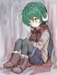  against_tree antennae bad_id bad_pixiv_id blue_shorts blush boots breath coat commentary_request cross-laced_footwear earmuffs female forest frown furorida green_eyes green_hair hand_on_lap highres knees_to_chest looking_down nature outdoors pantyhose scarf short_hair shorts sitting solo touhou tree wriggle_nightbug 