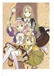  3girls :d atelier_(series) atelier_escha_&amp;_logy black_dress black_skirt bracelet breasts brown_eyes brown_hair cleavage dress escha_malier green_dress green_eyes hair_ribbon hidari_(left_side) highres holding holding_staff jewelry linca_(atelier) linca_(eighth)_(atelier) long_hair looking_at_viewer lucille_ernella miniskirt multiple_girls open_mouth parted_lips pink_hair red_ribbon ribbon short_hair silver_hair skirt small_breasts smile staff striped_clothes striped_dress tail thighhighs twintails vertical-striped_clothes vertical-striped_dress very_long_hair white_legwear 