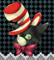  argyle_background border bow bowtie checkered_background commentary_request feline green_eyes lace lace_border no_humans ornate_border portrait smile solo striped_clothes striped_headwear the_cat_in_the_hat the_cat_in_the_hat_(character) toc 