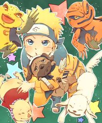  1boy :d akamaru_(naruto) amphibian_eyes blonde_hair blue_eyes canine facial_mark forehead_protector frog frown gamakichi gamatatsu headband highres jacket jewelry looking_at_viewer naruto necklace o96ap open_mouth pakkun pig smile star tagme tonton_(naruto) uzumaki_naruto waving younger 