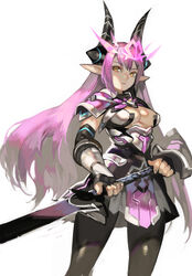  aoin armor borrowed_character breasts cleavage cleavage_cutout clothing_cutout female gauntlets highres horns large_breasts long_hair original pantyhose pauldrons pointy_ears purple_hair shoulder_armor solo sword weapon yellow_eyes 