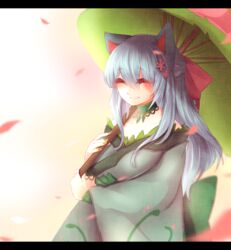  ^_^ animal_ears bad_id bad_pixiv_id blue_hair choker closed_eyes closed_mouth dress female flower flower_umbrella green_nails hair_flower hair_ornament letterboxed nail_polish personification petals pokemon shikkoku_neko smile solo umbrella venusaur 