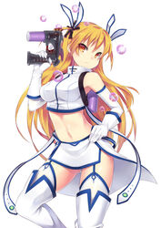  blonde_hair boots bubble bubble_gun commentary_request crop_top detached_sleeves dungeons_&amp;_princess elbow_gloves female garter_straps gloves gun holding holding_gun holding_weapon long_hair midriff miniskirt navel orange_eyes panties shiny_skin skirt solo thigh_boots thighhighs torimaru trigger_discipline underwear weapon white_footwear white_thighhighs 