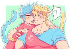  ! 2boys animal_ears artist_name bare_shoulders battle_tendency blonde_hair blue_hair blue_shirt caesar_anthonio_zeppeli cat_boy cat_day cat_ears cat_tail catneylang chest_protector clenched_teeth closed_eyes collarbone commentary english_commentary extra_ears facial_mark feather_hair_ornament feathers fingerless_gloves gloves green_eyes hair_ornament halftone hand_on_another&#039;s_shoulder hand_up headband highres jojo_no_kimyou_na_bouken joseph_joestar joseph_joestar_(young) kemonomimi_mode large_pectorals licking licking_another&#039;s_face looking_at_another male_focus motion_lines multiple_boys muscular muscular_male oerba_yun_fang one_eye_closed outline pectorals red_gloves shirt short_hair short_sleeves single_strap sleeveless spoken_exclamation_mark surprised t-shirt tail teeth triangle_print watermark white_outline 