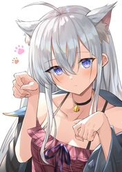  ahoge animal_ear_fluff animal_ears bare_shoulders bell blue_eyes blush breasts cat_day cat_ears cat_girl choker cleavage closed_mouth collarbone commentary crossed_bangs elaina_(majo_no_tabitabi) female hair_between_eyes kanaria_hisagi long_hair looking_at_viewer majo_no_tabitabi neck_bell off_shoulder paw_pose paw_print purple_ribbon ribbon simple_background small_breasts solo upper_body white_background white_hair 