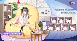  azur_lane bean_bag_chair black_hair black_hairband brown_cardigan byulzzi cardigan cellphone character_name cherry chopsticks closed_eyes commentary controller copyright_name eating english_commentary expressions female flower food fruit game_console game_controller hairband highres indoors light_blush long_hair looking_at_viewer meowfficer_(azur_lane) nissin_cup_noodle official_alternate_costume official_art one_side_up open_cardigan open_clothes open_mouth pamiat_merkuria_(azur_lane) pamiat_merkuria_(sweet_cherry_memories)_(azur_lane) phone promotional_art purple_eyes second-party_source sitting smartphone smile socks solo vase white_socks 