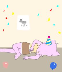  anthro arm_on_back ass balloon birthday bottomwear brown_bottomwear brown_clothing brown_shorts clothing confetti domestic_cat family_guy_death_pose feet felid feline felis female fur hat headgear headwear hi_res inflatable lying mammal marianne_(mew_arts) mew_arts party_game party_hat pink_body pink_fur shirt shorts simple_background solo topwear yellow_clothing yellow_shirt yellow_topwear 