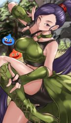  bare_shoulders black_gloves boots breasts collarbone crop_top dragon_quest dragon_quest_xi female fighting_stance fingerless_gloves gloves green_footwear green_gloves green_shirt hair_ornament hair_scrunchie high_ponytail highres knee_boots large_breasts leg_up long_hair maou_(maoudaisukiya) martina_(dq11) midriff o-ring o-ring_top one_eye_closed ponytail purple_eyes purple_hair red_scrunchie scrunchie shirt sleeveless sleeveless_shirt slime_(dragon_quest) solo two-tone_gloves very_long_hair waist_cape 