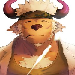  1boy ^_^ animal_ears bara brown_fur camouflage camouflage_headwear chest_hair closed_eyes commentary_request cow_ears cow_horns furry furry_male green_tank_top headband highres horns lab_coat leaf male_focus mature_male minotaur mouth_hold muscular muscular_male pectoral_cleavage pectorals portrait purple_horns shennong_(housamo) short_hair sideburns smile solo stalk_in_mouth straight-on tank_top tokyo_afterschool_summoners torakku_(toratruck9) white_hair 