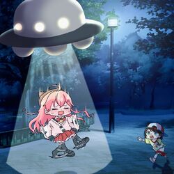  2girls abduction backwards_hat black_hair brown_hair commentary flailing floating flying_saucer hair_ornament hat highres hololive inunishimashita lamppost light_rays long_hair multiple_girls night official_alternate_costume oozora_subaru oozora_subaru_(1st_costume) open_mouth pink_hair sakura_miko sakura_miko_(casual) shirt shoes short_hair shorts socks spacecraft sweater tears tractor_beam tree ufo virtual_youtuber 