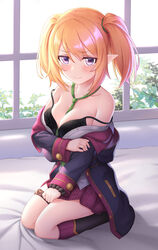  absurdres bare_shoulders bed_sheet black_bra blonde_hair blush bra breasts cementite chloe_(princess_connect!) cleavage closed_mouth clothes_pull coat collarbone commentary elf female green_necktie hair_between_eyes highres kneehighs kneeling looking_at_viewer medium_breasts necktie on_bed plaid plaid_skirt pleated_skirt pointy_ears princess_connect! purple_coat purple_eyes red_skirt school_uniform shirt shirt_pull sitting skirt smile socks solo st._theresa&#039;s_girls_academy_school_uniform strap_slip thighlet twintails unbuttoned underwear window 