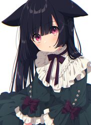  animal_ears black_bow black_hair blunt_bangs blush bow cat_ears chromatic_aberration female frilled_sleeves frills highres long_hair long_sleeves looking_at_viewer mamyouda original parted_lips pink_eyes simple_background solo upper_body white_background 