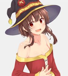  :d bare_shoulders blush brown_hair collarbone commentary_request dou-t dress female hat highres kono_subarashii_sekai_ni_shukufuku_wo! looking_at_viewer megumin off-shoulder_dress off_shoulder open_mouth red_dress red_eyes short_hair sidelocks simple_background smile solo white_background witch_hat 