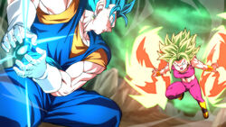  1boy abs alternate_universe aqua_hair battle blurry blurry_background breasts crop_top dougi dragon_ball dragon_ball_super earrings female gloves green_hair green_sky jewelry kamehameha_(dragon_ball) kefla_(dragon_ball) mixed_gender_duel muscular muscular_female muscular_male open_mouth potara_earrings rom_(20) sky spiked_hair super_saiyan super_saiyan_blue vegetto white_gloves 