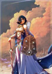  bare_shoulders binding_shield blood blood_stain blue_cape blue_eyes blue_hair bracelet building cape cloak cloud cloudy_sky commentary commission dress english_commentary english_text female fire_emblem fire_emblem_awakening fur_trim glint highres holding holding_shield holding_sword holding_weapon instagram_username jewelry krishna_artly morgan_(female)_(fire_emblem) morgan_(fire_emblem) outdoors shield short_hair sidelocks sky solo star_(sky) sword tower weapon 